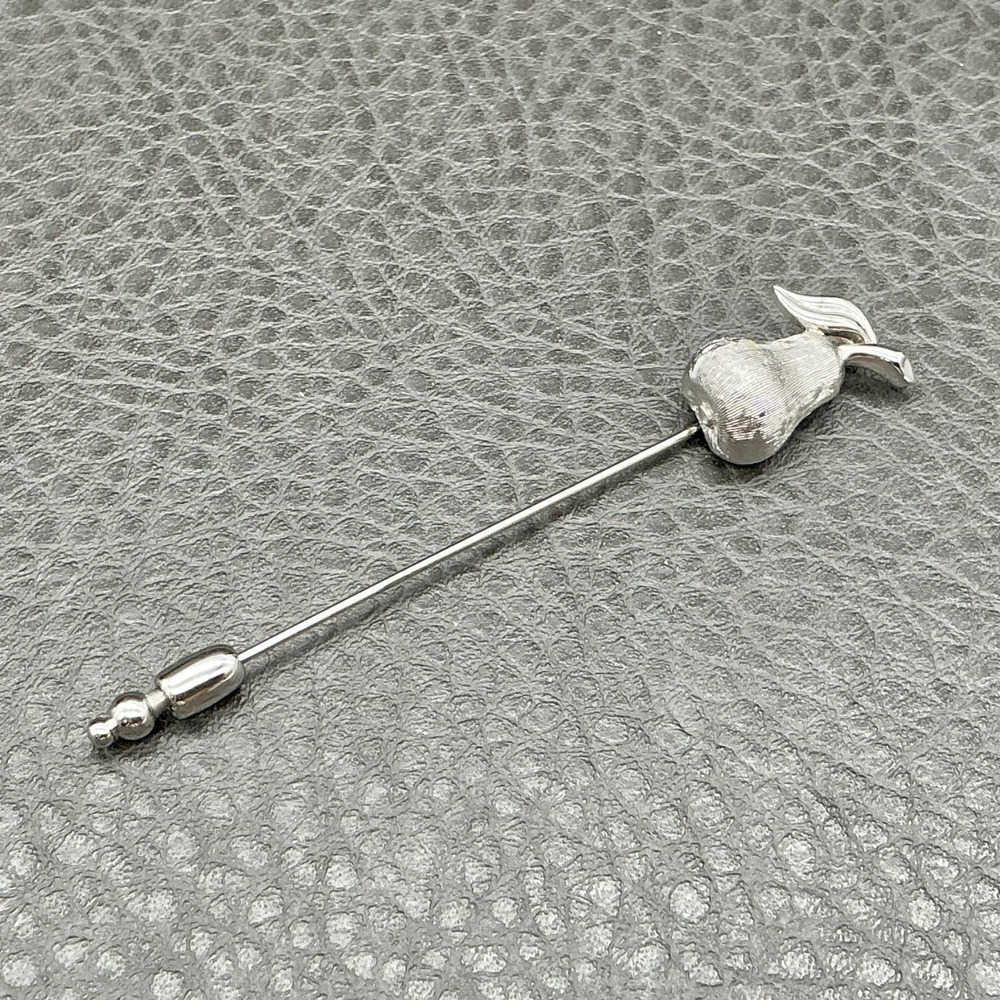 Vintage Crown Trifari Silver Tone Pear Stick Pin Fruit Costume Jewelry 2.75"